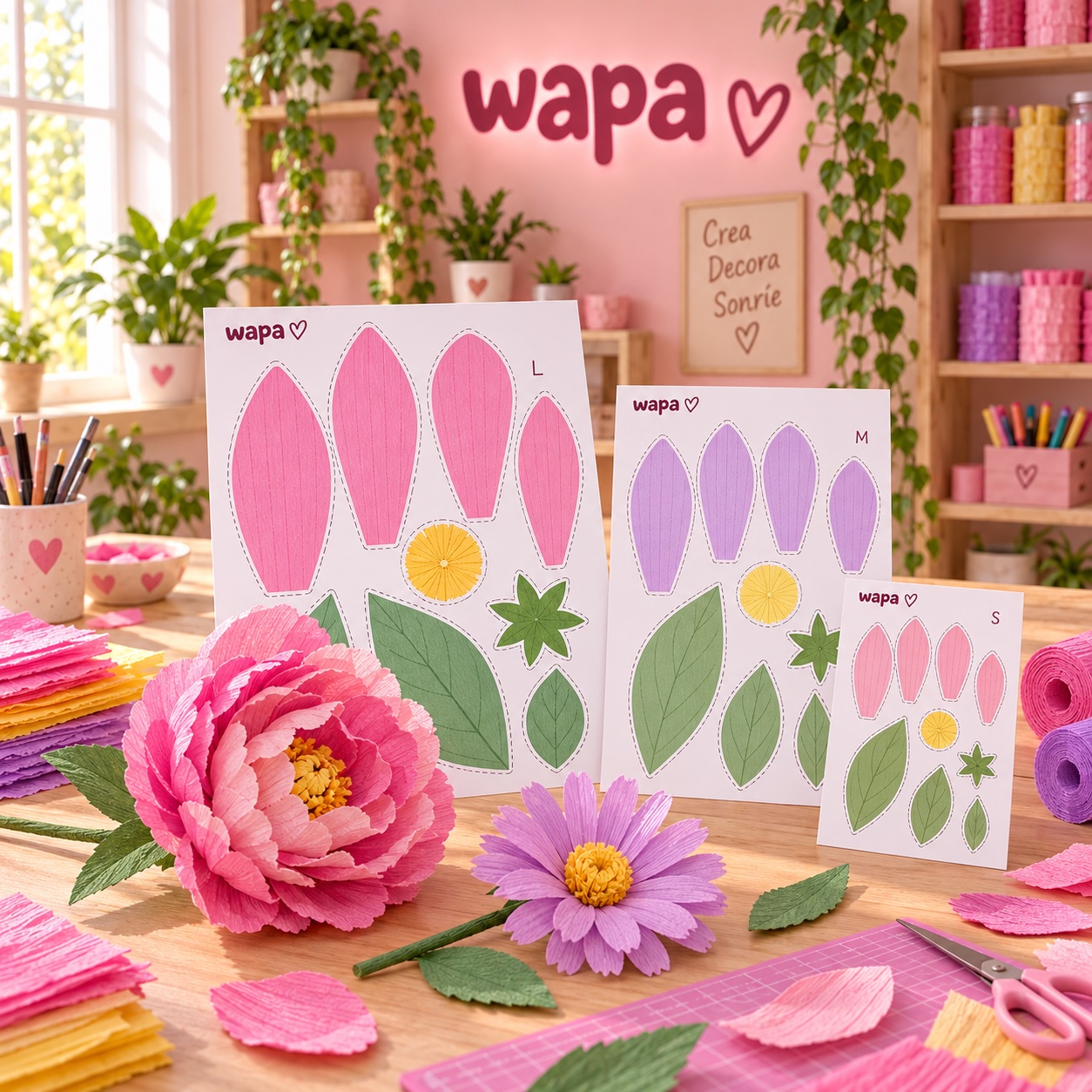 Plantillas de flores de papel para decorar piñatas - taller de piñatas con fondo rosa